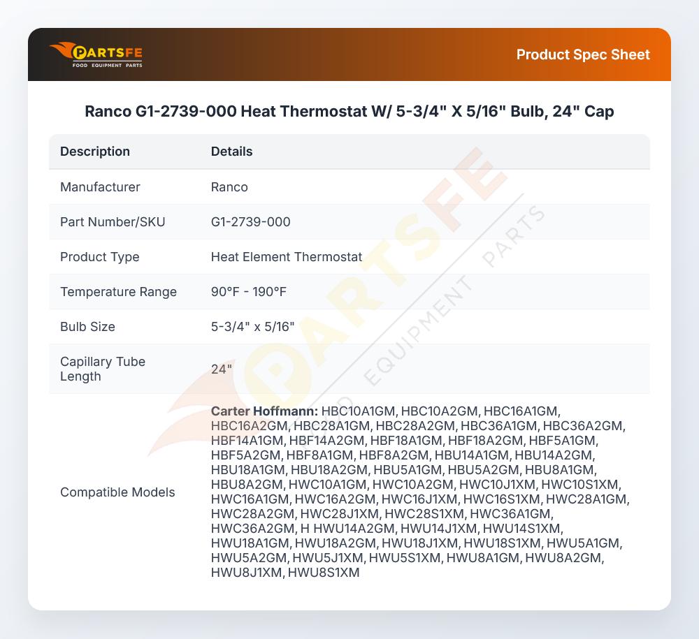 Ranco G1-2739-000 Heat Element Thermostat 90&deg;-190&deg;F W/5-3/4" X 5/16" Bulb 24" CAP