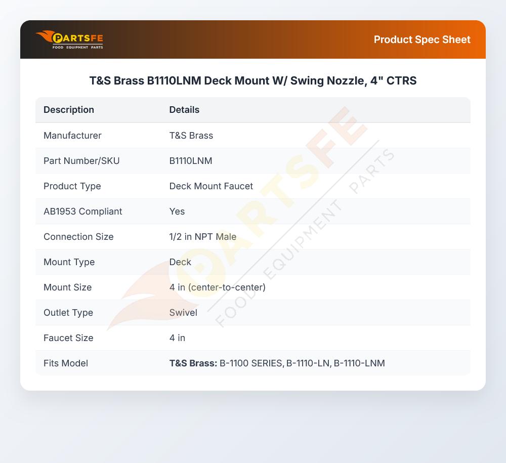 T&S Brass B1110LNM Deck Mount W/ Swing Nozzle, 4" CTRS