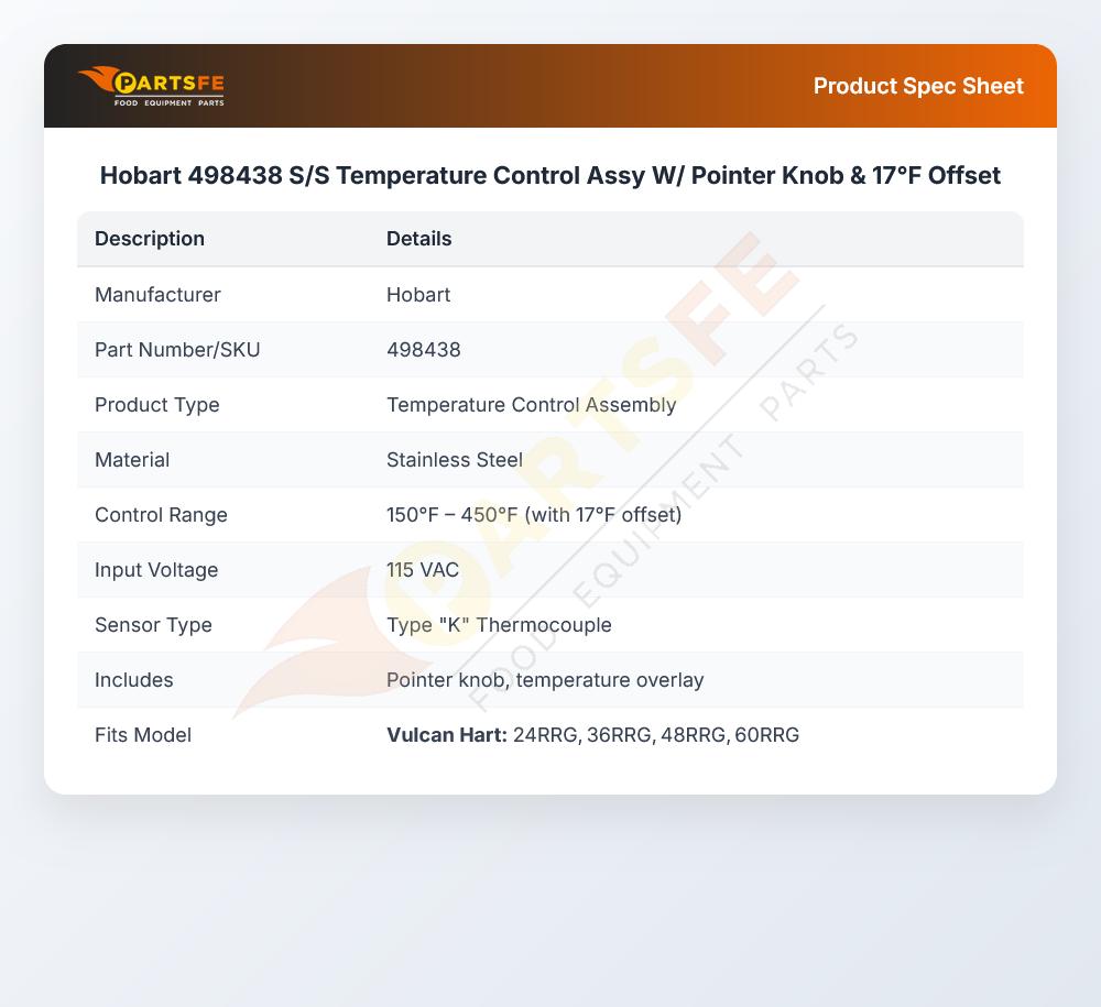 Hobart 498438 Temperature Control Assembly W/Pointer Knob SS 17&deg;F Offset