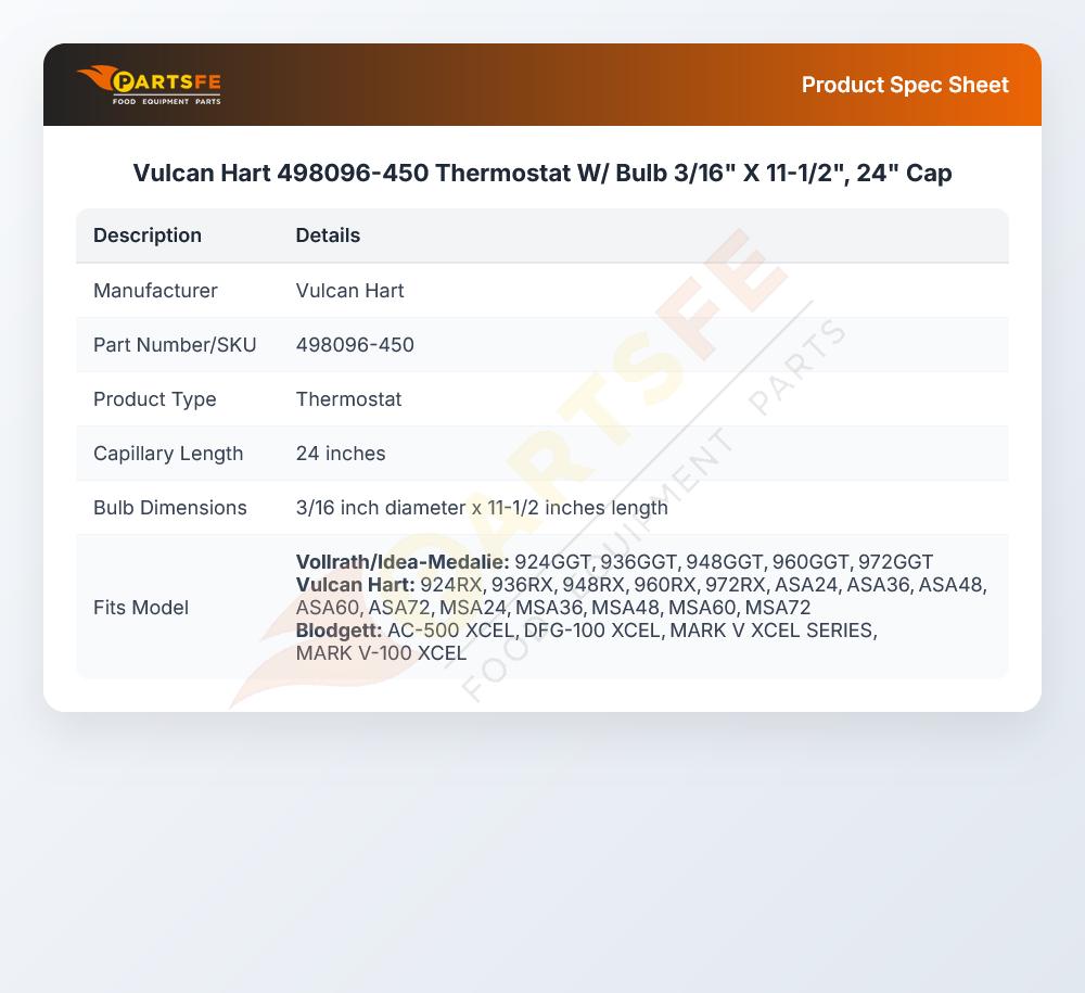 Vulcan Hart 498096-450 Thermostat W/ Bulb 3/16" X 11-1/2", 24" Cap