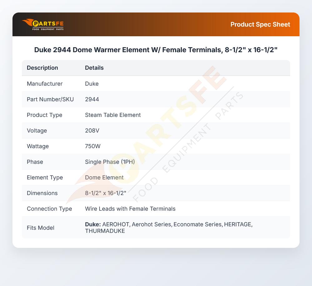 Duke 2944 Dome Warmer Element W/ Female Terminals, 8-1/2" x 16-1/2"