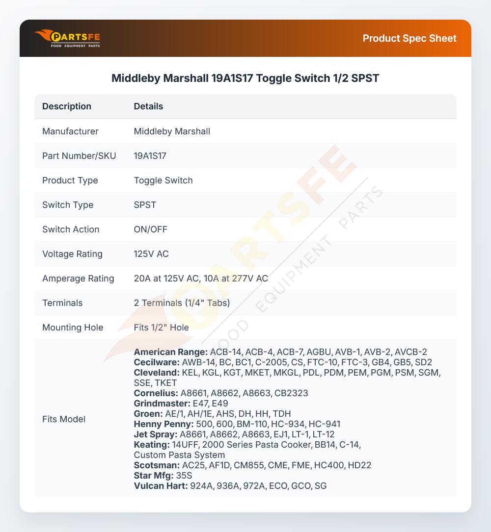 Middleby Marshall 19A1S17 Toggle Switch 1/2 SPST