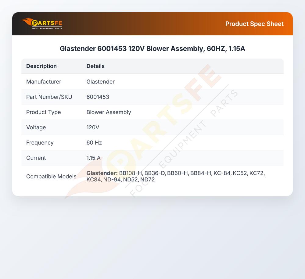 Glastender 6001453 Vertical Cooler Blower Assembly 1.15A 120V 60Hz