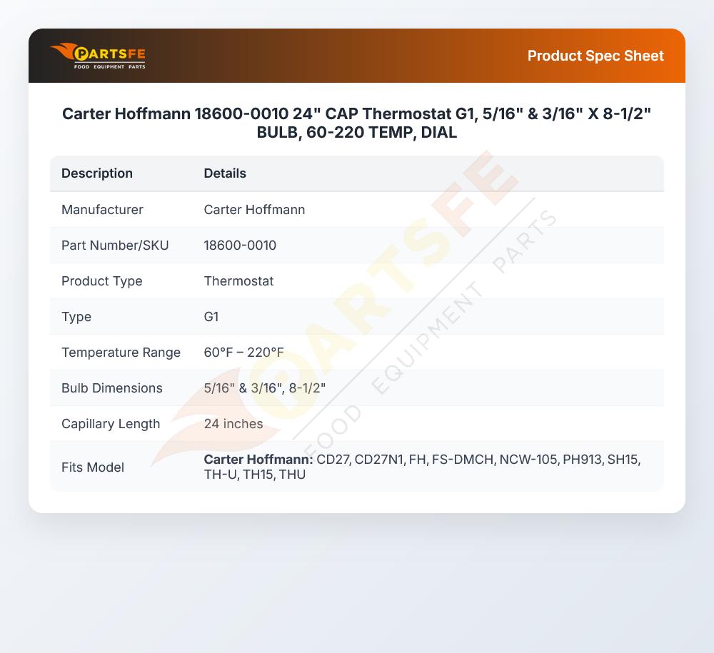 Carter Hoffmann 18600-0010 Control Thermostat 220&deg;F Max