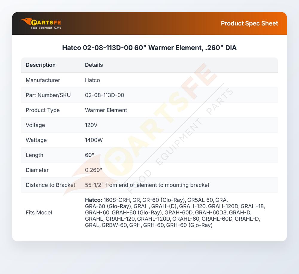Hatco 02-08-113D-00 60" Warmer Element, .260" DIA