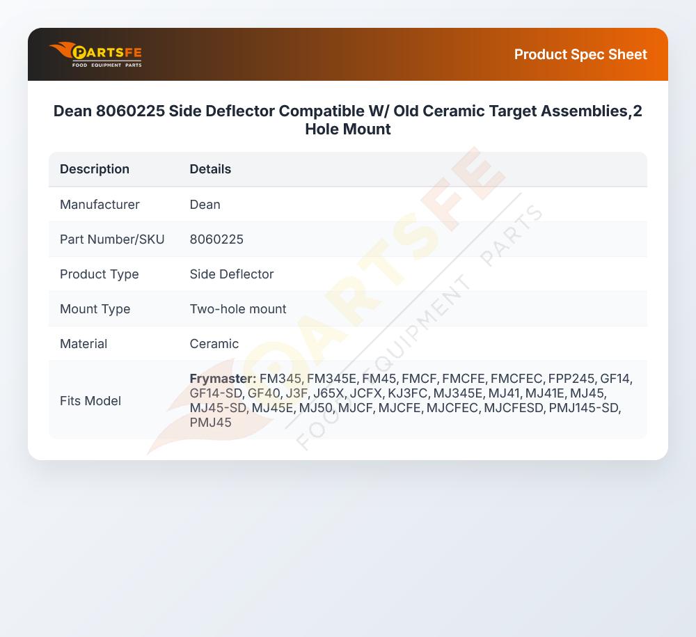 Dean 8060225 Side Deflector Compatible W/ Old Ceramic Target Assemblies,2 Hole Mount