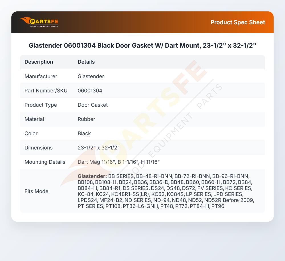 Glastender 06001304 Black Door Gasket W/ Dart Mount, 23-1/2" x 32-1/2"