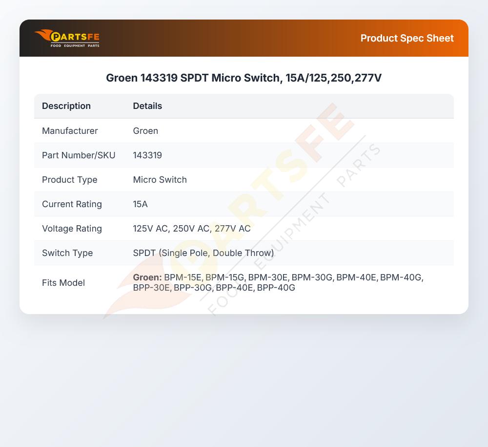 Groen 143319 SPDT Micro Switch, 15A/125,250,277V
