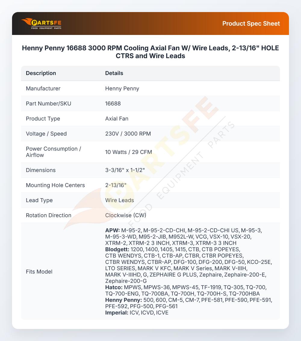 Henny Penny 16688 Fryer Axial Fan 220-240V 50/60Hz