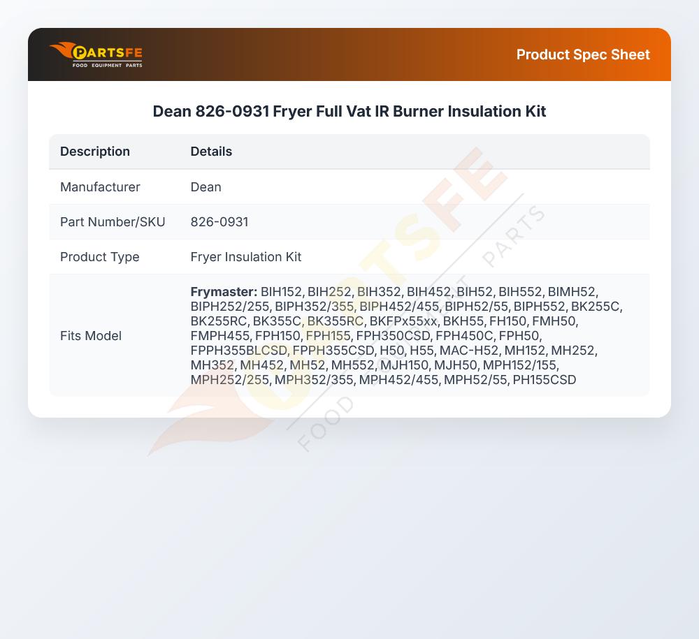 Dean 826-0931 Fryer Full Vat IR Burner Insulation Kit