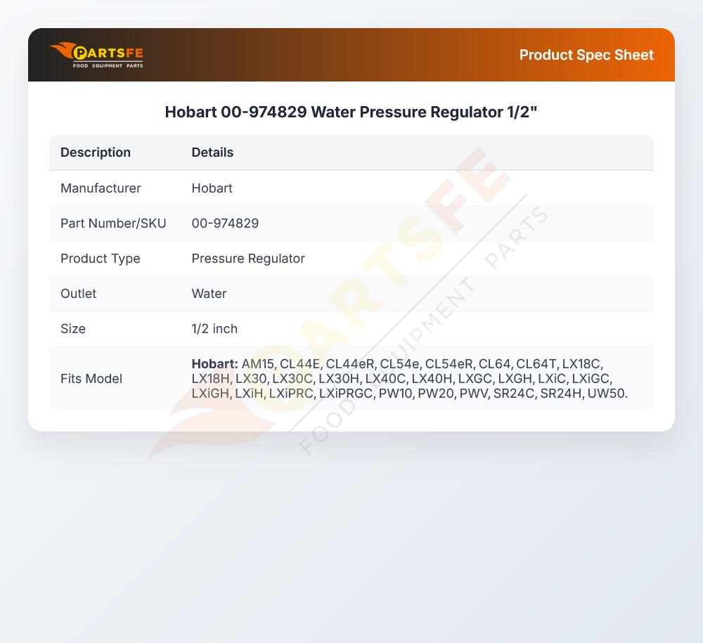 Hobart 00-974829 Water Pressure Regulating Valve 1/2"