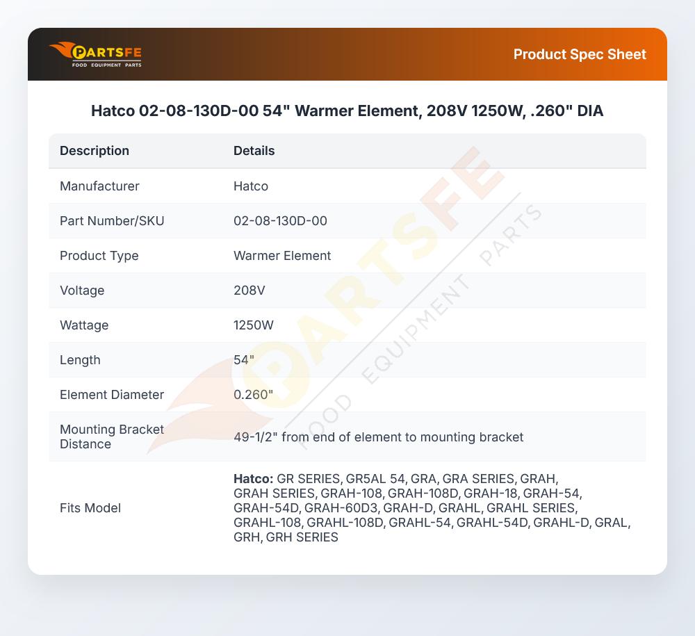 Hatco 02-08-130D-00 54" Warmer Element, 208V 1250W,  .260" DIA
