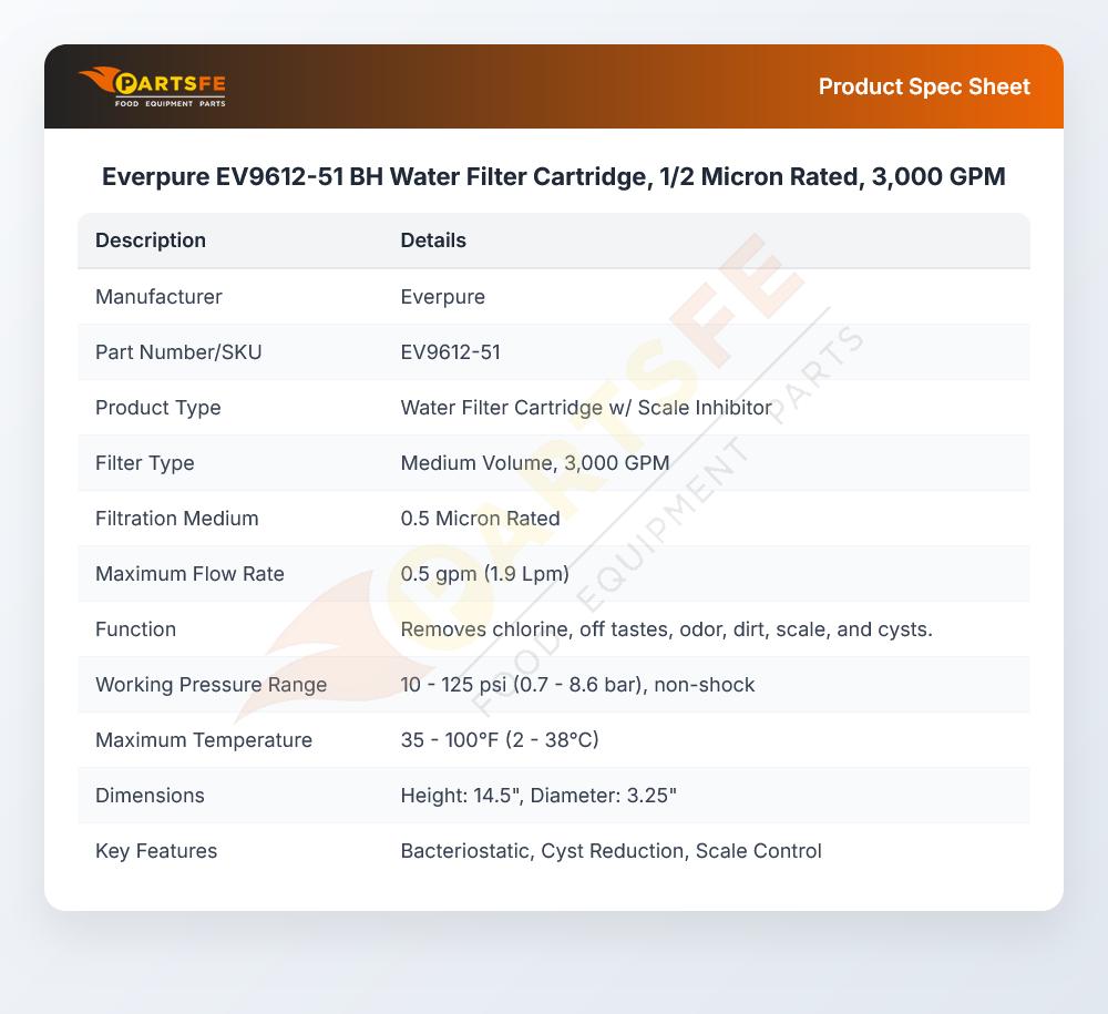 Everpure EV9612-51 BH Water Filter Cartridge, 1/2 Micron Rated, 3,000 GPM
