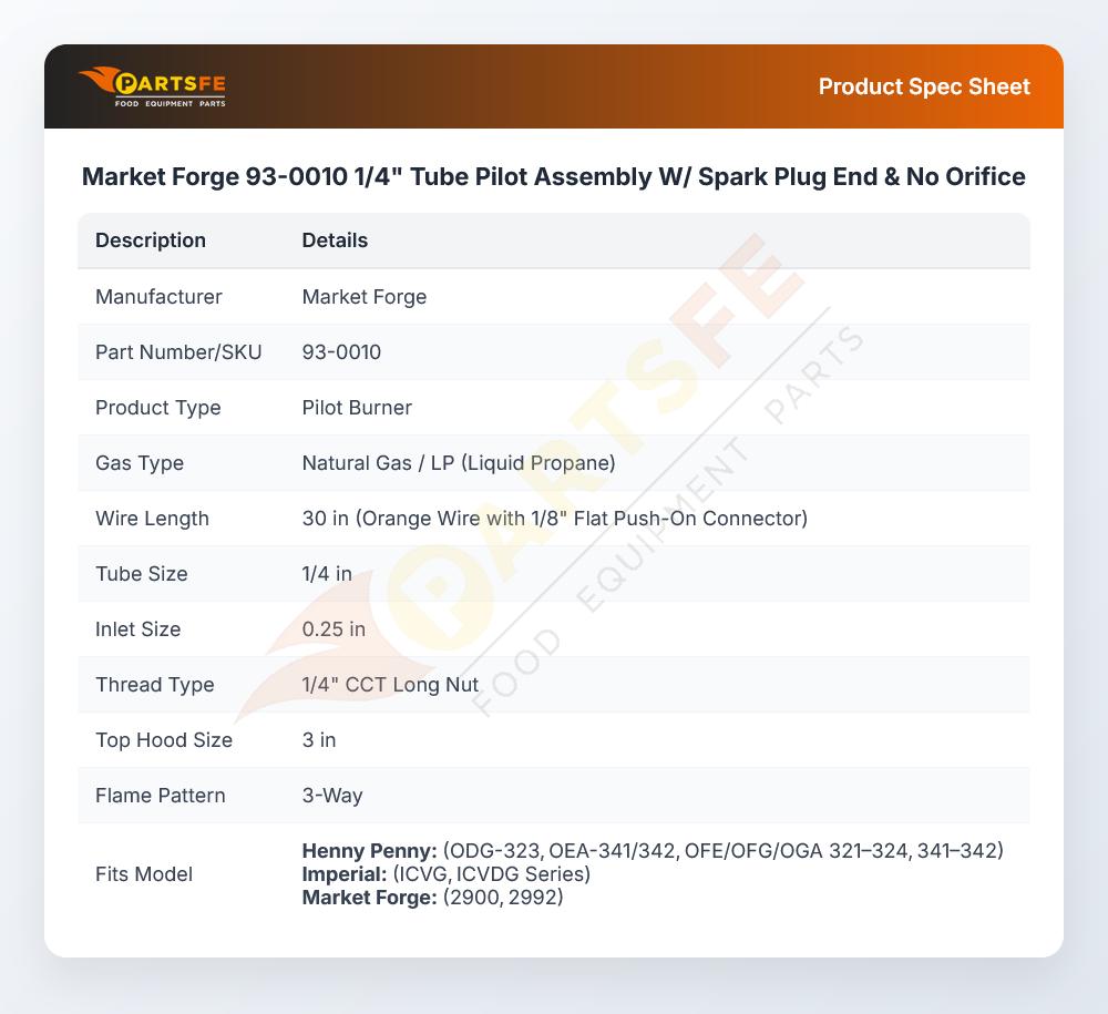 Market Forge 93-0010 1/4" Tube Pilot Assembly W/  Spark Plug End & No Orifice