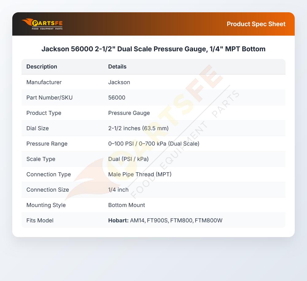 Jackson 56000 Dual Scale Pressure Gauge 2-1/2" 1/4" MPT Bottom