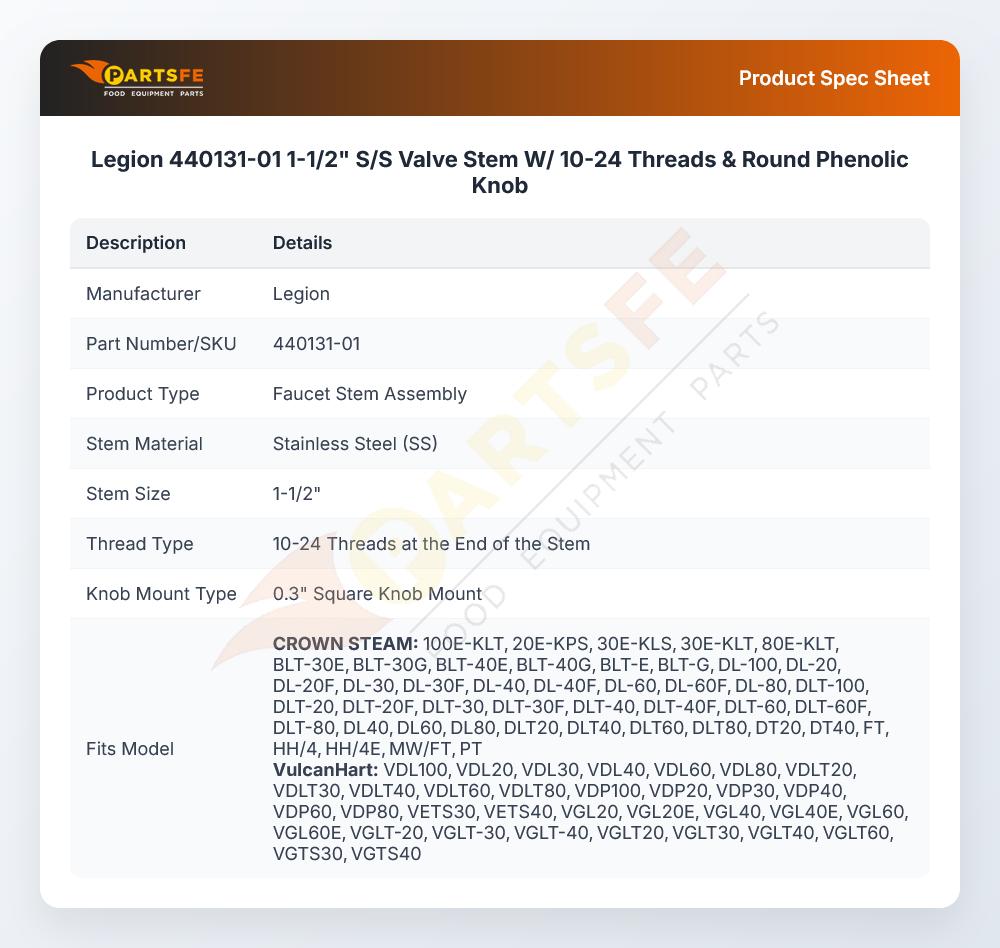 Legion 440131-01 Stem Valve W/10-24 Threads & Round Phenolic Knob 1-1/2" SS