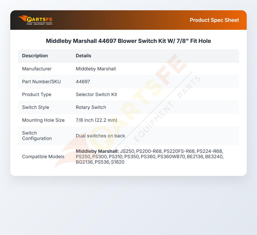 Middleby Marshall 44697 Blower Switch Kit W/ 7/8" Fit Hole