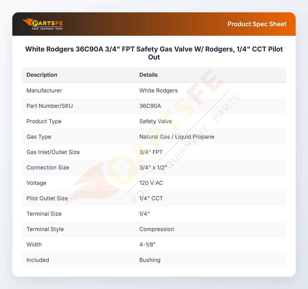 White Rodgers 36C90A Braising Pan Safety Gas Valve W/Rodgers 3/4" FPT