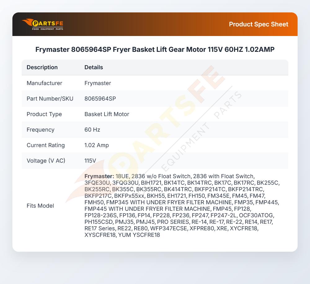 Frymaster 8065964SP Fryer Basket Lift Gear Motor 115V 60HZ 1.02AMP