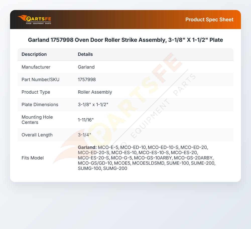 Garland 1757998 Oven Door Roller Strike Assembly Plate 3-1/8" X 1-1/2"