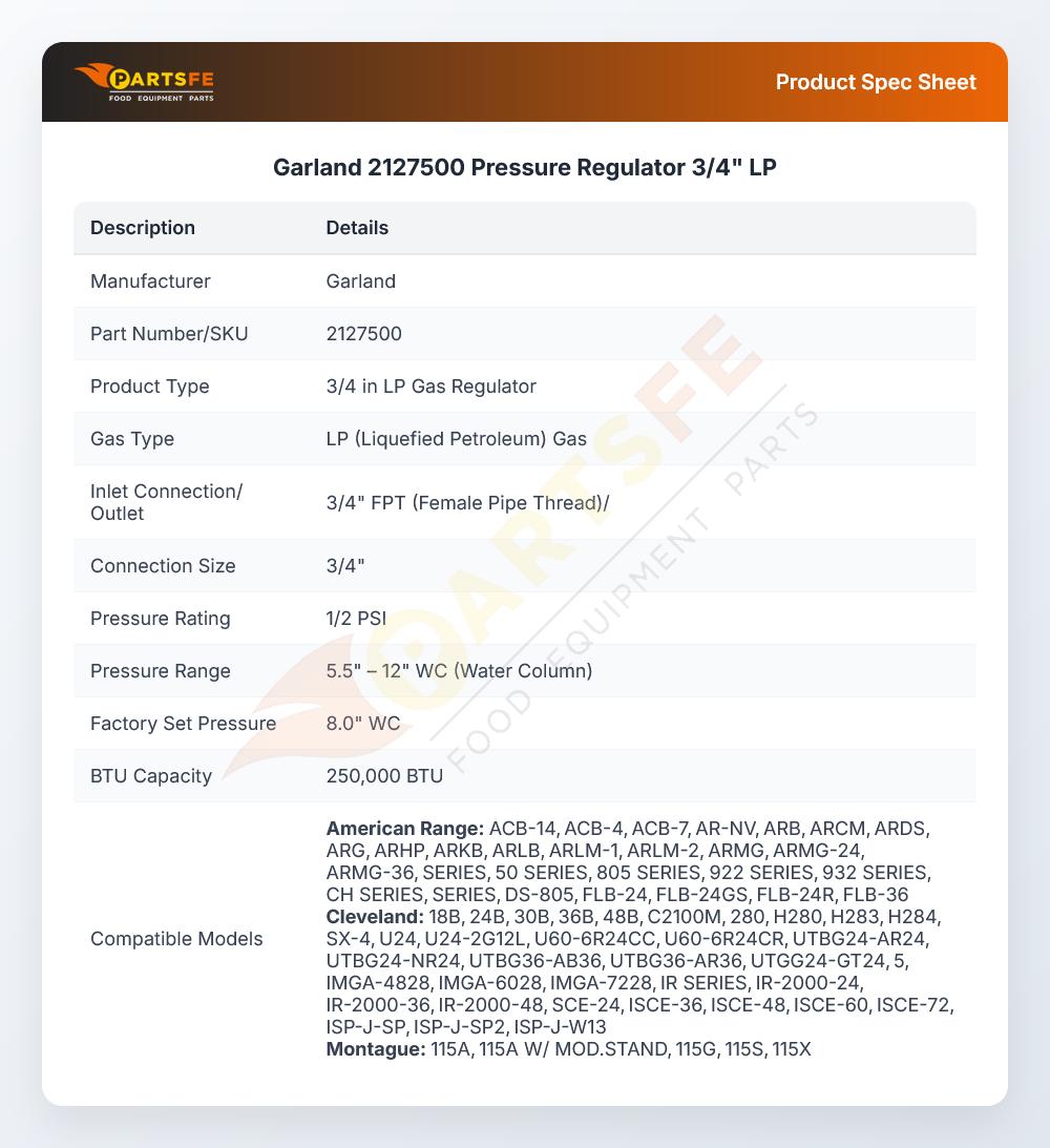 Garland 2127500 Charbroiler Pressure Regulator 3/4" LP