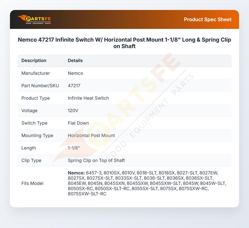 Nemco 47217 Infinite Switch W/ Horizontal Post Mount 1-1/8" Long & Spring Clip on Shaft