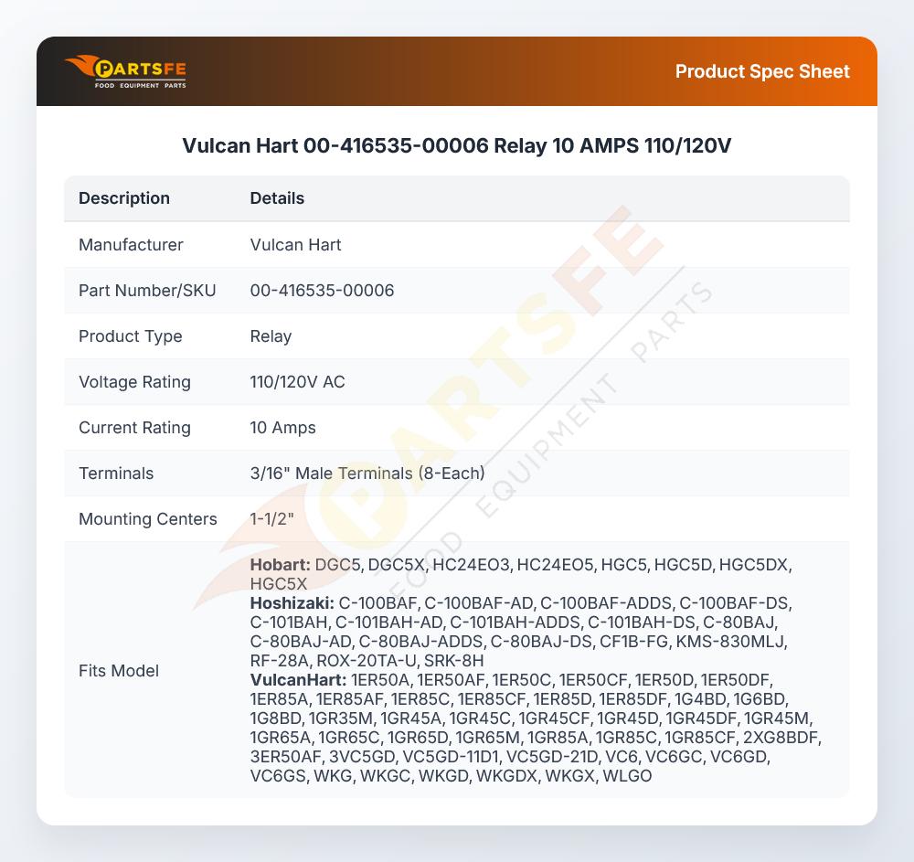Vulcan Hart 00-416535-00006 Fryer Relay 10A 110/120V