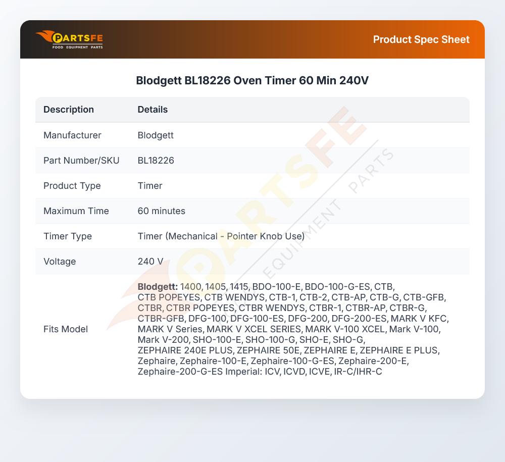 Blodgett BL18226 Oven Timer 60 Min 240V