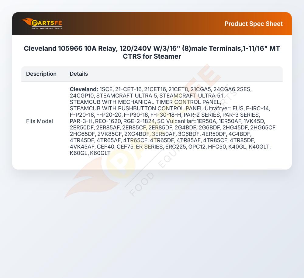 Cleveland 105966 10A Relay, 120/240V W/3/16" (8)male Terminals,1-11/16" MT CTRS for Steamer