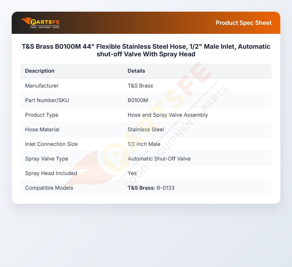 T&S Brass B0100M Pre-rinse Spray Valve & Flex Hose 44" 1/2" NPT Male Inlet SS