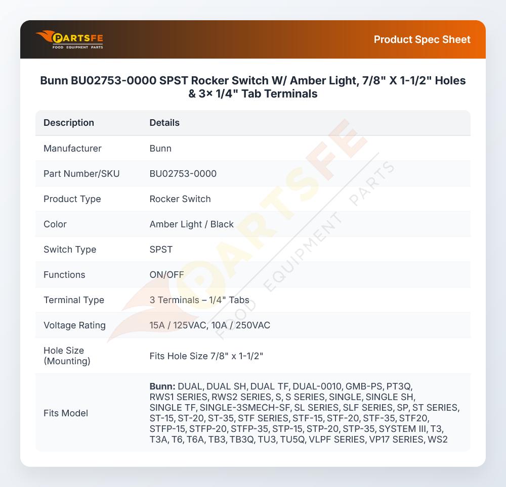 Bunn BU02753-0000 SPST Rocker Switch W/ Amber Light, 7/8" X 1-1/2" Holes & 3x 1/4" Tab Terminals