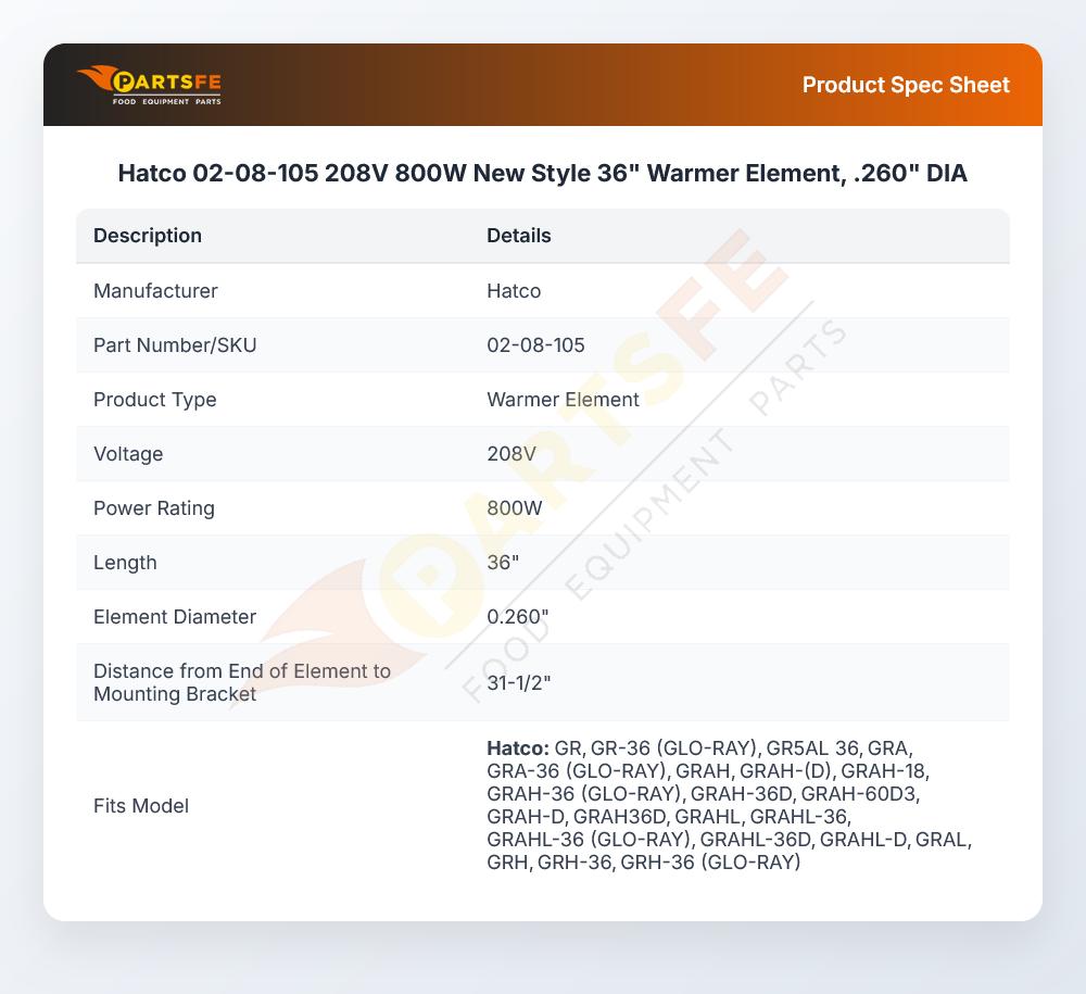 Hatco 02-08-105 208V 800W New Style 36" Warmer Element, .260" DIA