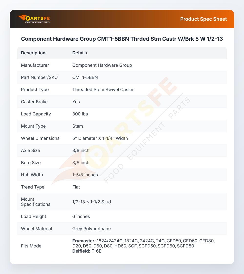 Component Hardware Group CMT1-5BBN Thrded Stm Castr W/Brk 5 W  1/2-13