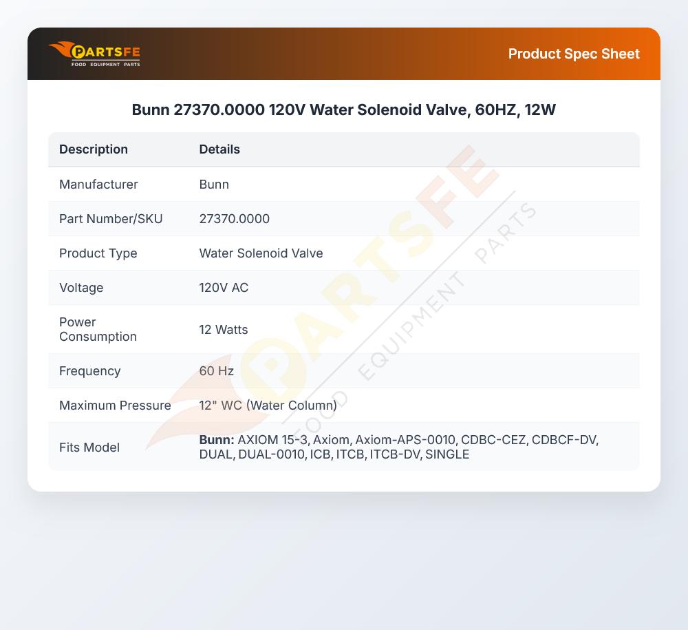 Bunn 27370.0000 120V Water Solenoid Valve, 60HZ, 12W