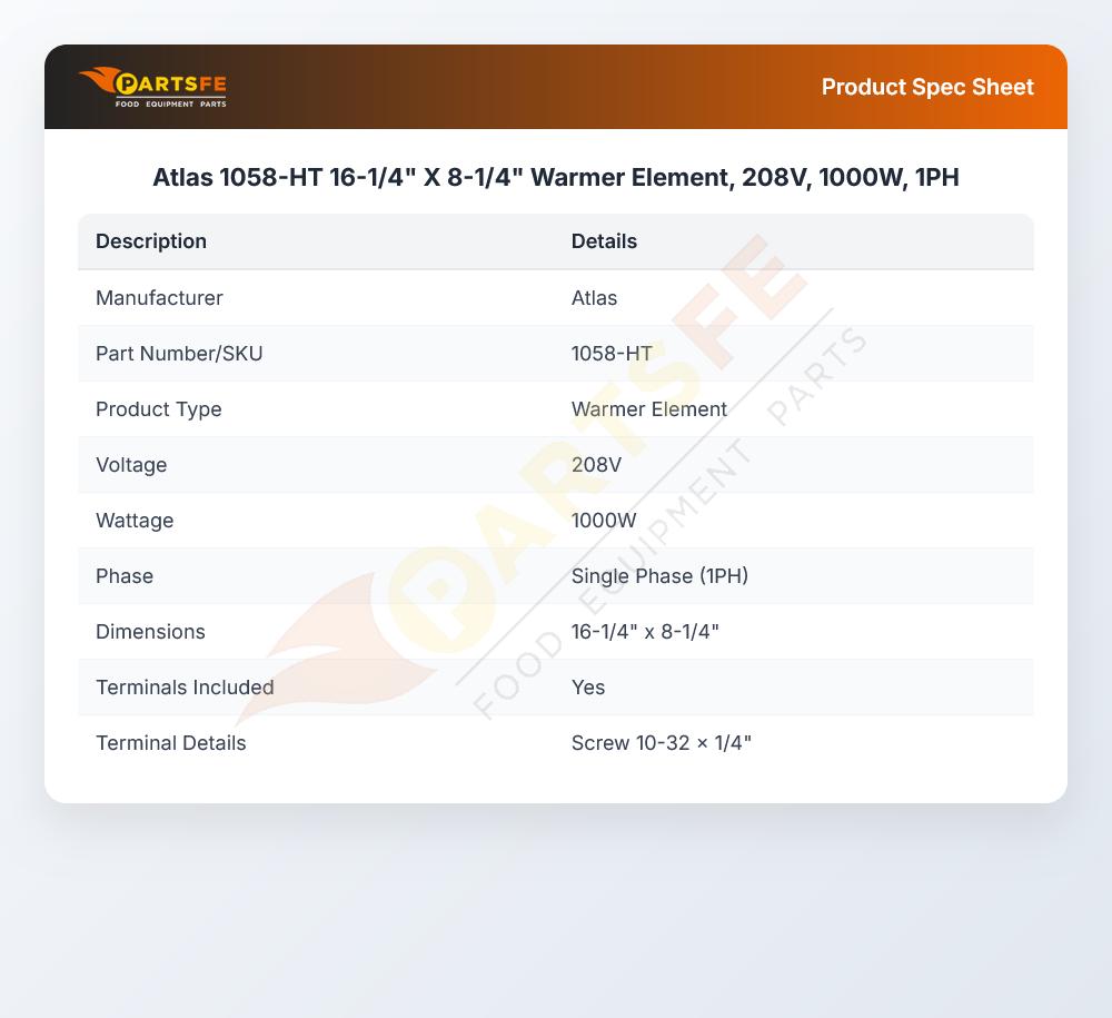 Atlas 1058-HT 16-1/4" X 8-1/4"  Warmer Element, 208V, 1000W, 1PH