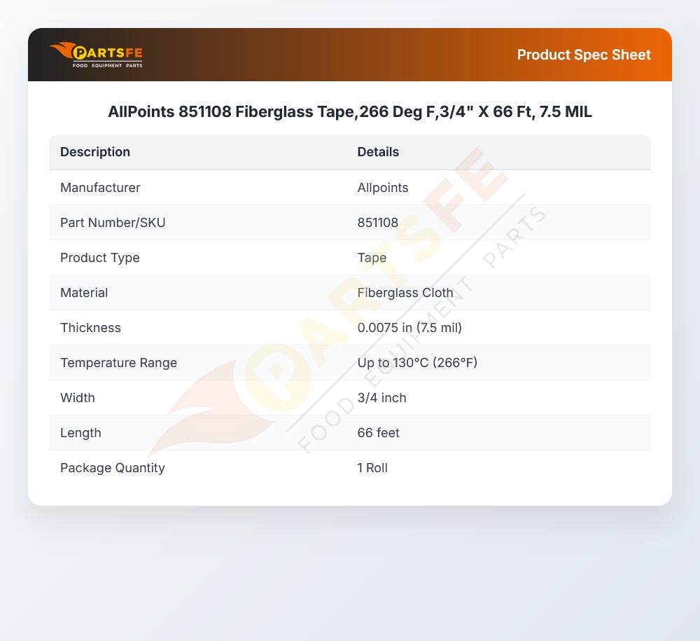 AllPoints 851108 Fiberglass Tape,266 Deg F,3/4" X 66 Ft, 7.5 MIL