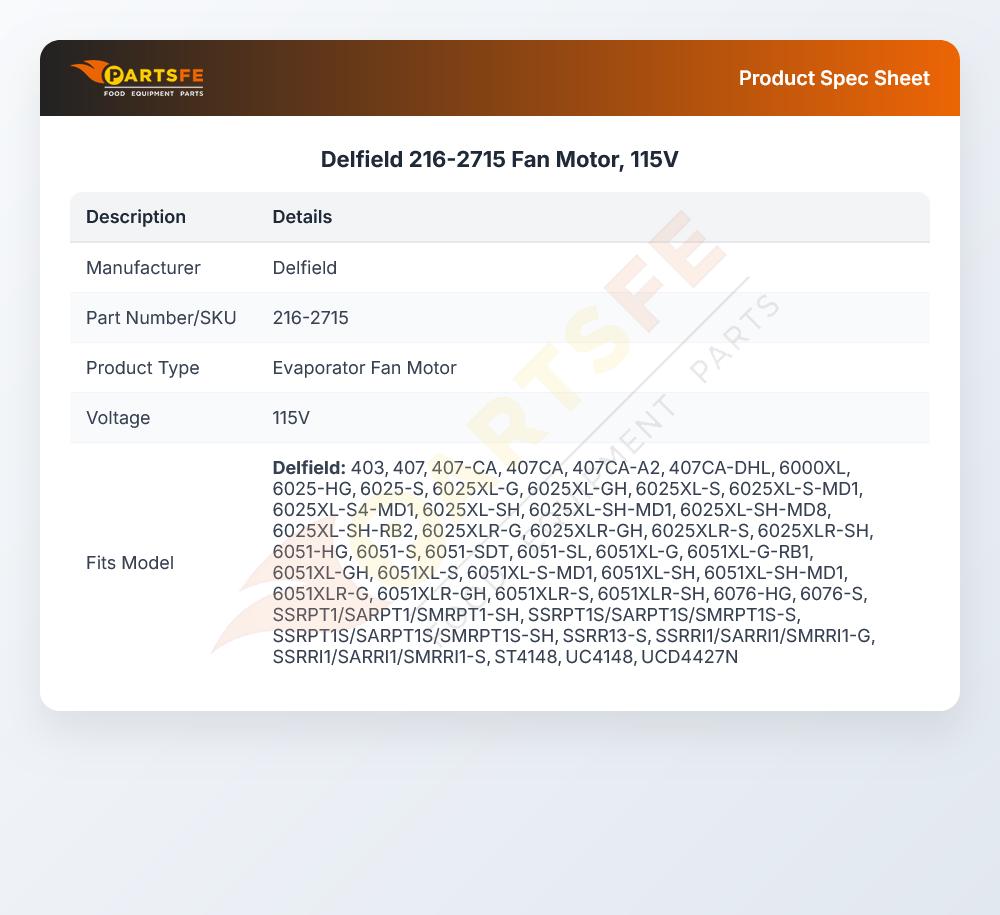 Delfield 216-2715 Fan Motor, 115V