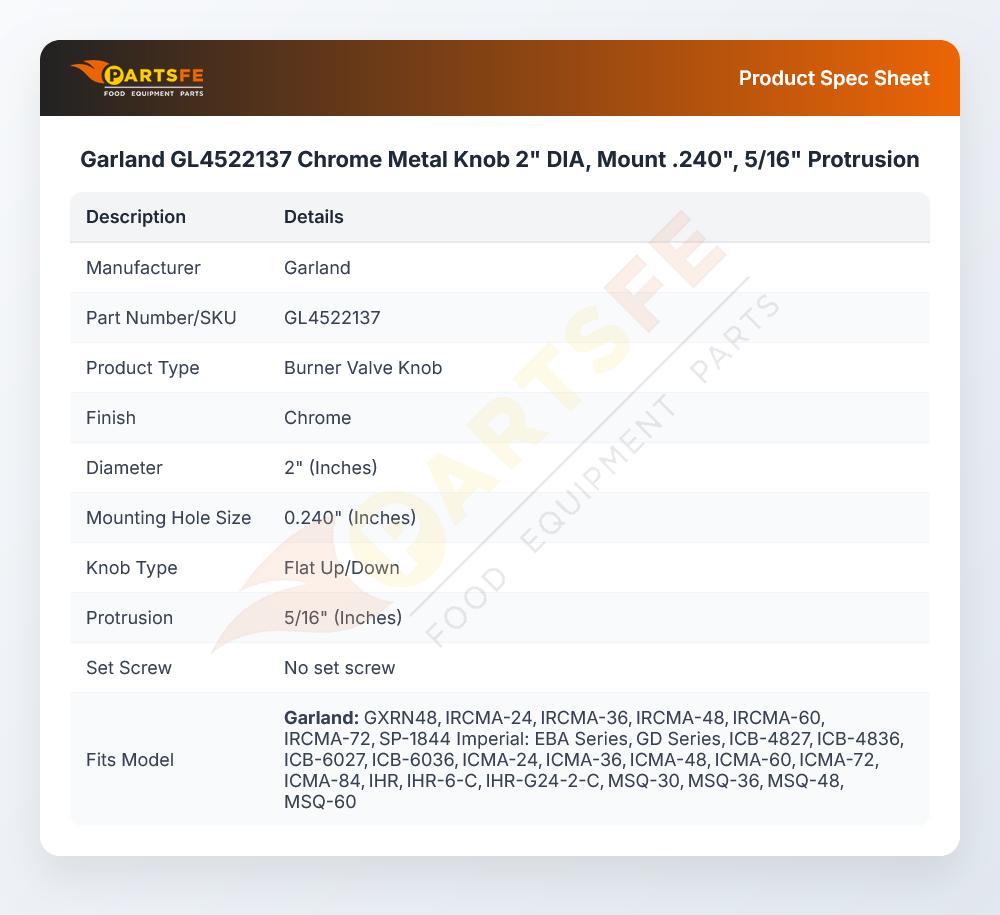 Garland GL4522137 Chrome Metal Knob 2" DIA, Mount .240", 5/16" Protrusion