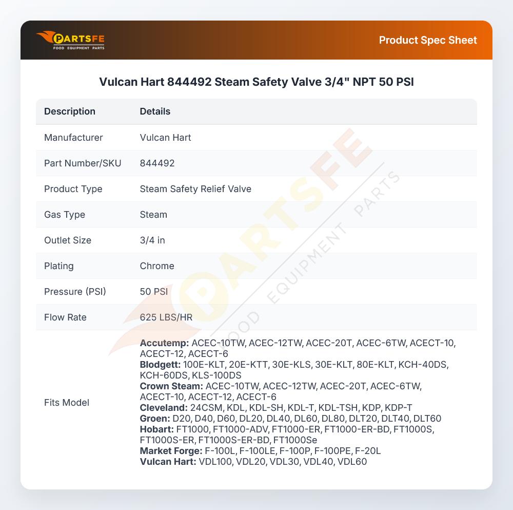 Vulcan Hart 844492 Steam Safety Valve 3/4" NPT 50 PSI