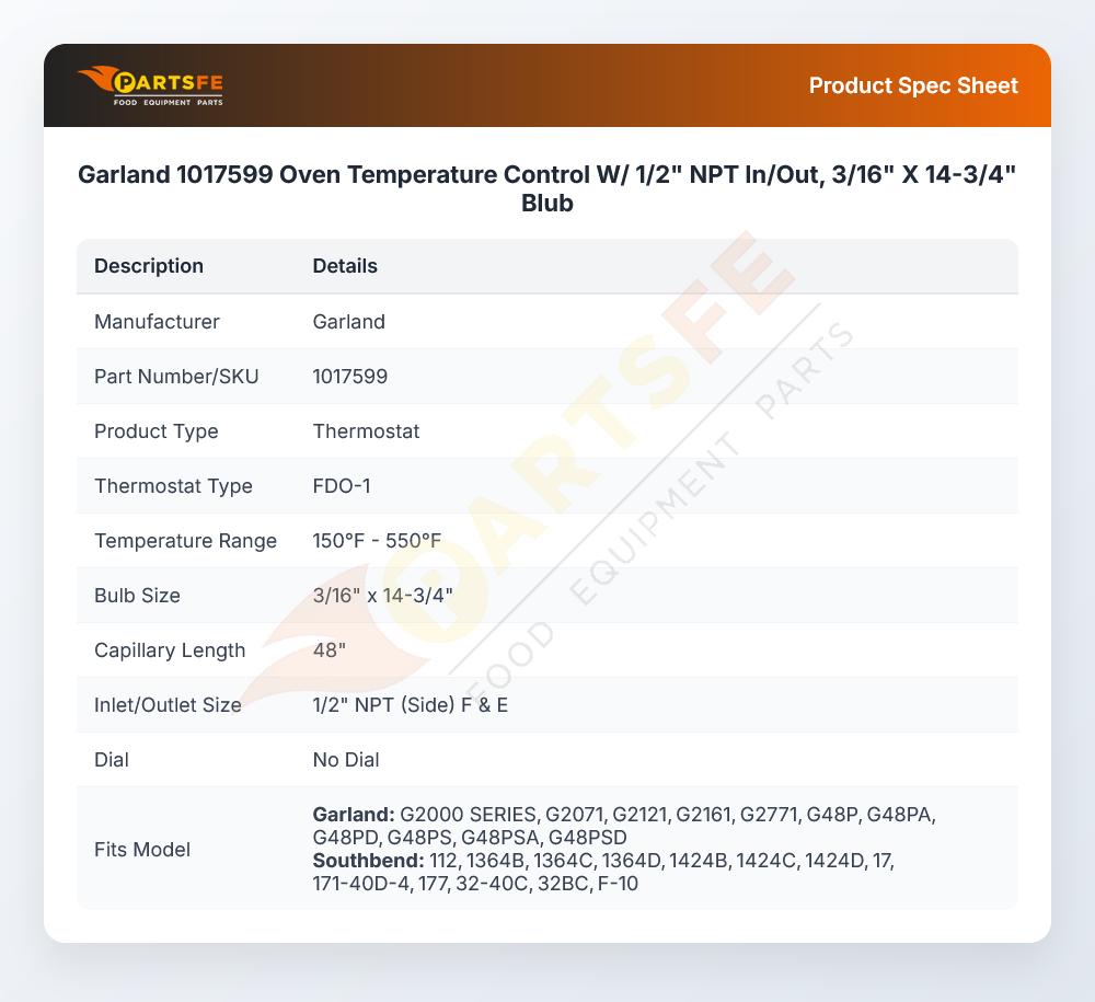 Garland 1017599 Temperature Control Thermostat 1/2" NPT In/Out 3/16" X 14-3/4" 150&deg;F-550&deg;F FDO