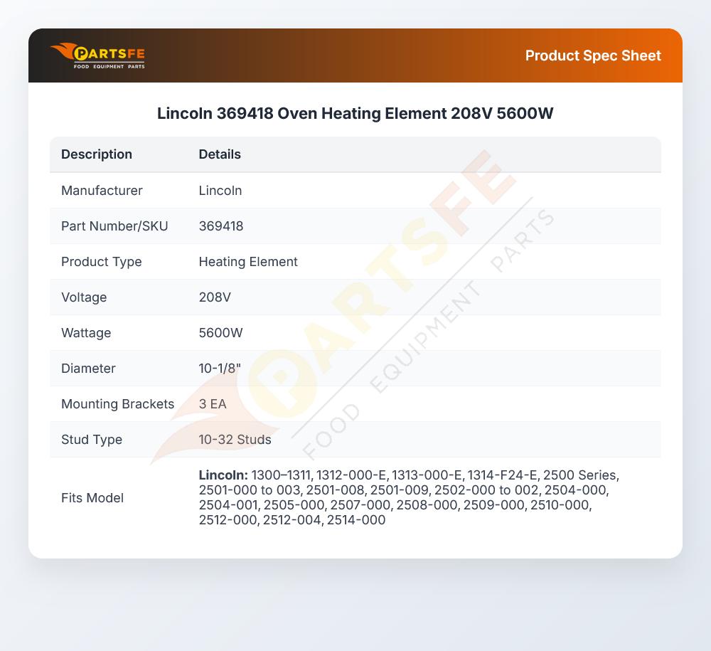 Lincoln 369418 Oven Heating Element 208V 5600W