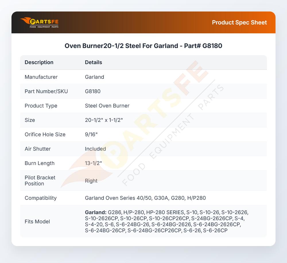 Oven Burner20-1/2  Steel For Garland - Part# G8180