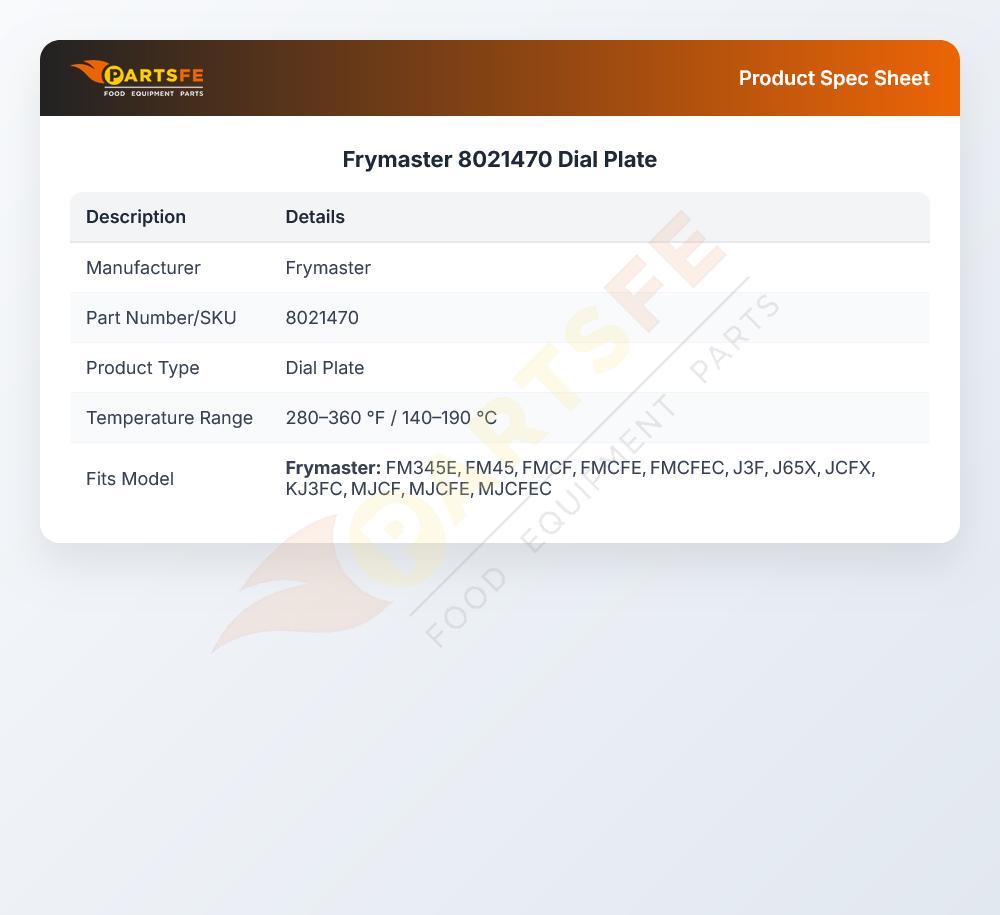 Frymaster 8021470 Fryer Dial Plate Label
