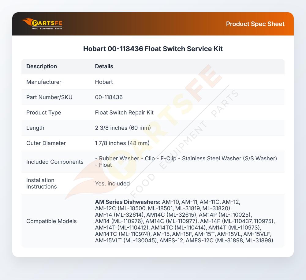 Hobart 00-118436 Float Switch Service Kit