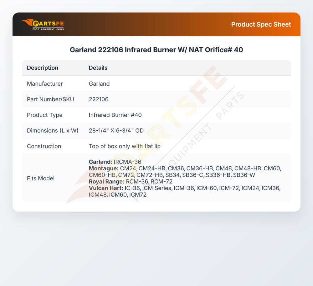 Garland 222106 Infrared Burner W/NAT Orifice 27-1/4" X 6-3/4" #40