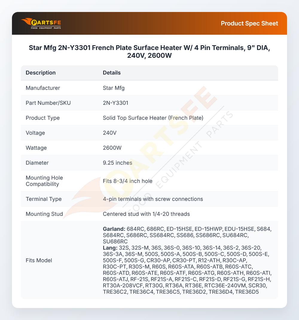 Star Mfg 2N-Y3301 French Plate Surface Heater W/ 4 Pin Terminals, 9" DIA, 240V, 2600W