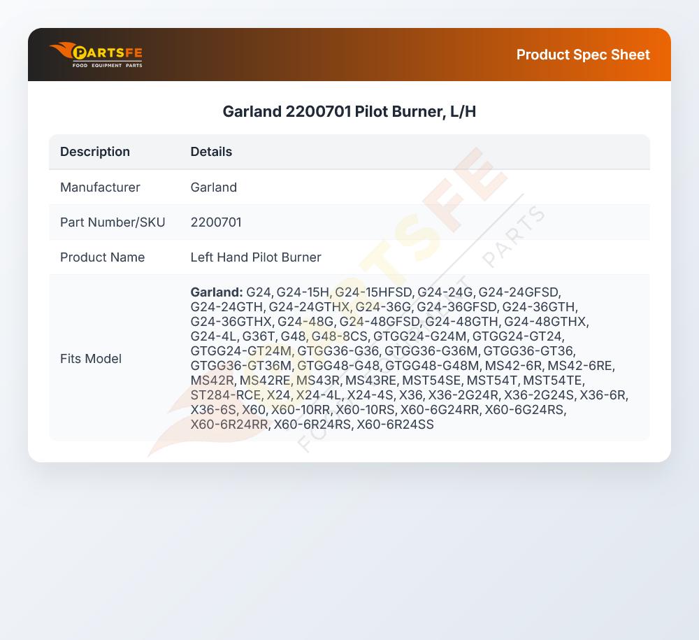 Garland 2200701 Pilot Burner, L/H