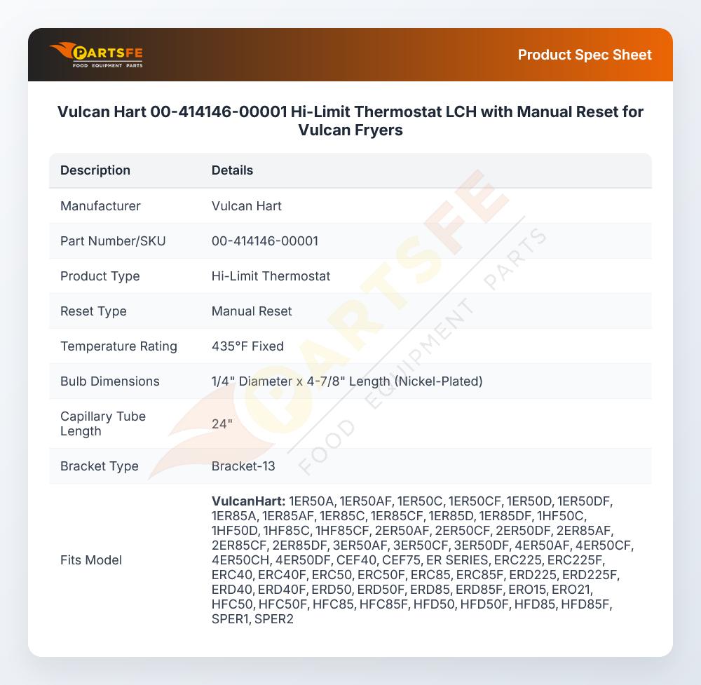 Vulcan Hart 00-414146-00001 Hi-Limit Thermostat LCH with Manual Reset for Vulcan Fryers