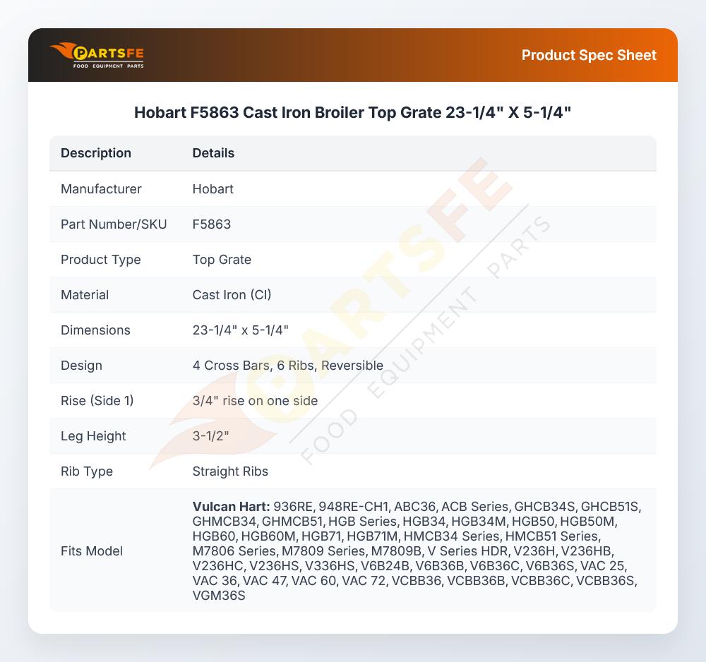Hobart F5863 Cast Iron Broiler Top Grate 23-1/4" X 5-1/4"