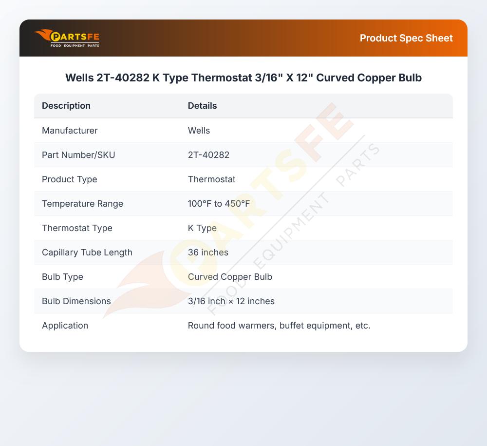 Wells 2T-40282 K Type Thermostat 3/16" X 12" Curved Copper Bulb